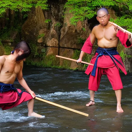 Prompt: strong samurai training in the river behind a nice mountain, anime style, 4k