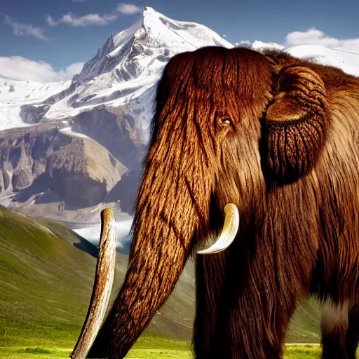 Prompt: photograph of a wooly mammoth, glacier in the background, award winning nature photography, national geographic