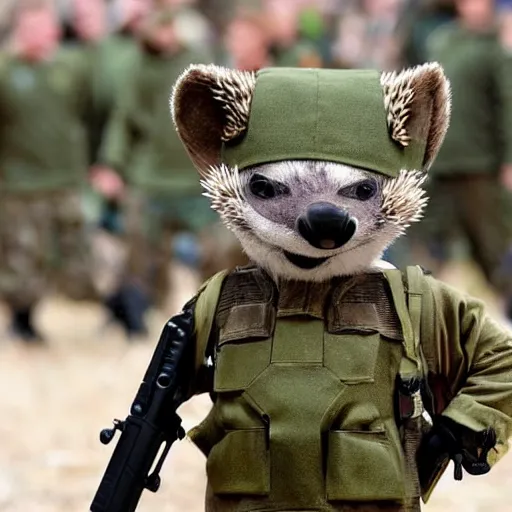 Image similar to still image of an anthropomorphic hedgehog soldier wearing military gear, the hedgehog is holding a rifle, photo