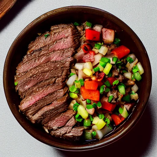 Prompt: a photograph of a bowl of chopped steak, 8 k, mouthwatering, award - winning photography, focus