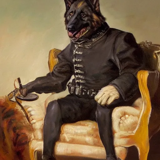 Image similar to a oil painting of a anthropomorphic german shepherd beast - man, wearing military outfit, sitting on an armchair