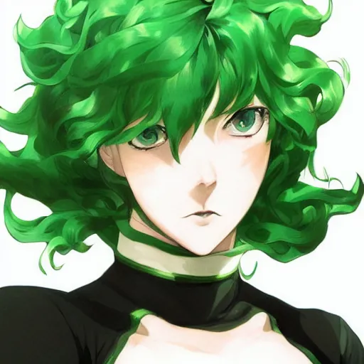 Image similar to tatsumaki from one punch man, green wavy hair, black dress, fine details, sharp focus, intricate, by cushart krenz, by makoto shinkai, by wlop, by artgerm