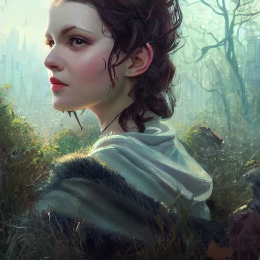 Prompt: closeup portrait of a young vivian leigh, forest background, elf ears, megacity, high fantasy, gorgeous view, depth, high detail, digital art, painted by greg rutkowski, trending on artstation