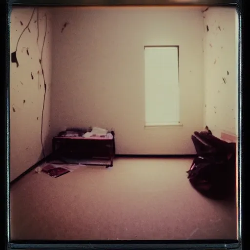 Image similar to a polaroid photo a of an abandoned and rather lonely college student's bedroom, completely empty, desolate and devoid atmosphere, faint string lights hung on the wall can be seen, shot with portra 400