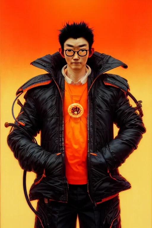 Image similar to a japanese man with very short black hair, broad shoulders, thick round spectacles, wearing a bright orange bomber jacket, seductive cyberpunk dark fantasy, art by artgerm and karol bak and moebius and alphonse mucha and greg rutkowski, hyperdetailed, ultrarealistic, octane render