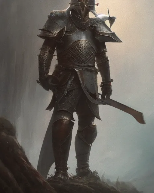 Image similar to Hyper realistic painting of a knight in rusty full plate armor wielding a greatsword, hyper detailed, surrounded by a dark forest, fog, moody, cinematic lighting, dim blue lighting, by greg rutkowski, trending on artstation