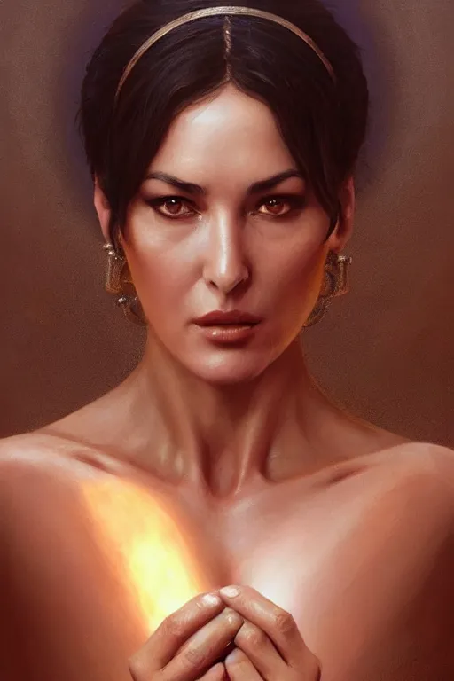 Image similar to monica bellucci as loving goddess, anatomy, only two hands, highly detailed, digital painting, artstation, concept art, smooth, sharp focus, illustration, unreal engine 5, 8 k, art by art by artgerm and greg rutkowski and edgar maxence