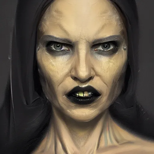 Image similar to portrait of a woman by greg rutkowski, a woman with yellow skin, black lips wearing black robes and a hodd, evil energy, star wars expanded universe, she is about 6 0 years old, highly detailed portrait, digital painting, artstation, concept art, smooth, sharp foccus ilustration, artstation hq