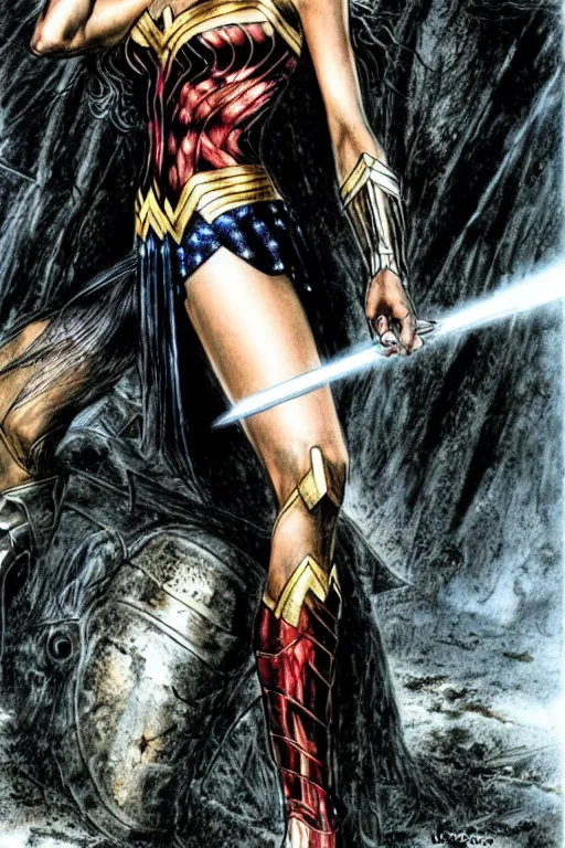 Image similar to Gal Gadot as Wonder Woman, illustration by Luis Royo