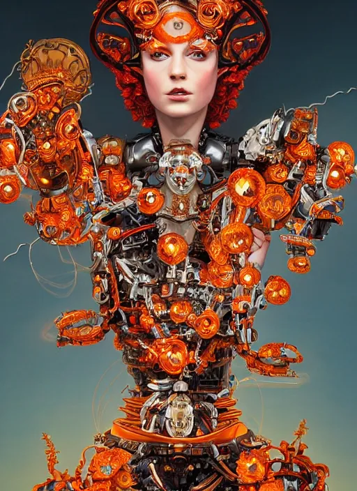 Prompt: full-body rococo and cyberpunk style sculpture of a young seductive Latina princess half android with a chest exposing circuitry, glowing orange seductive laser eyes, crown of red sparks and diamonds, swirling orange-colored silk fabric, robotic raptors. baroque elements. full-length view. intricate artwork by caravaggio. art by Artgerm and Greg Rutkowski and Alphonse Mucha, Trending on artstation, cinematic industrial lighting, hyper realism, octane render, 8k, depth of field, 3D