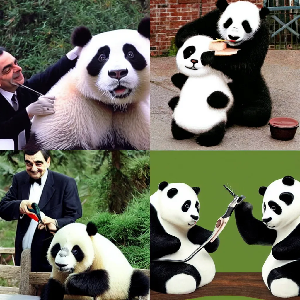 Prompt: mr bean shaving a panda