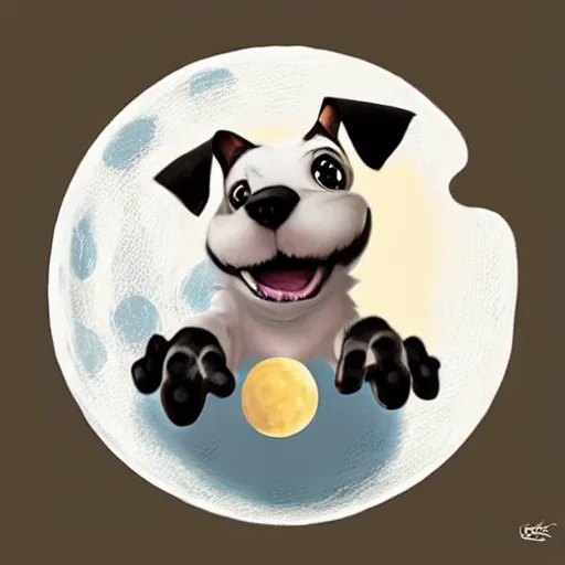 Image similar to cute jack black and white russel terrier jumping over a smiling moon, large round eyes, concept art, game art, character sheet, character design, by cory loftis and bill schwab