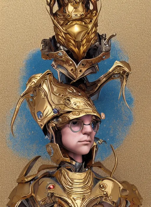 Image similar to gold paladin, james jean style, claymation style, perfect face, fantasy protrait