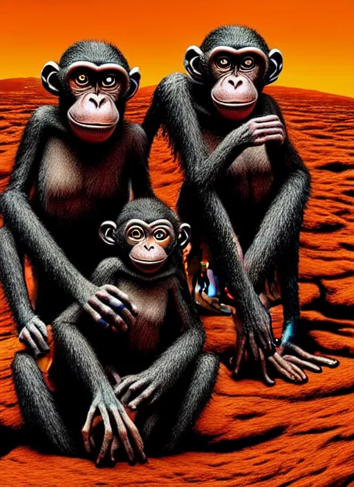 Prompt: detailed image of a creepy monkeys family, on the surface of Mars, by richard corben, rich deep colors. masterpiece . intricate artwork, very coherent symmetrical artwork, cinematic, hyper realism, high detail, octane render, unreal engine, 8k, Vibrant colors, Smooth gradients, High contrast, depth of field. by Katsuhiro Otomo, full body character drawing, inspired by Evangeleon, clean ink detailed line drawing, intricate detail, extremely detailed.