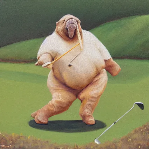 Prompt: oil painting of a bipedal walrus playing golf,