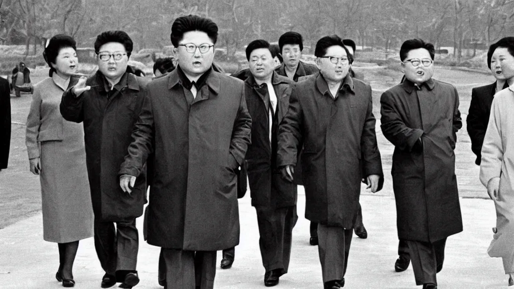 Image similar to kim jong - il walking in 1 9 6 0 s pyongyang, film noir thriller in the style of orson welles and andrei tarkovski