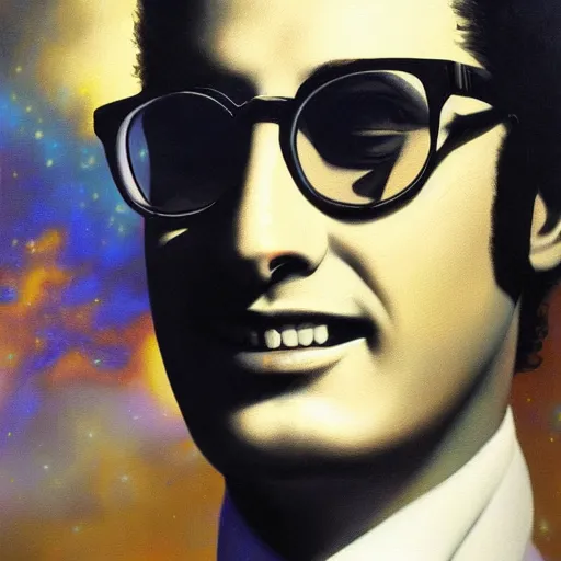 Image similar to UHD tonalism cosmic painting of Buddy Holly, by Antonio Caparo and Ferdinand Knab and Greg Rutkowski, UHD, photorealistic, trending on artstation, trending on deviantart