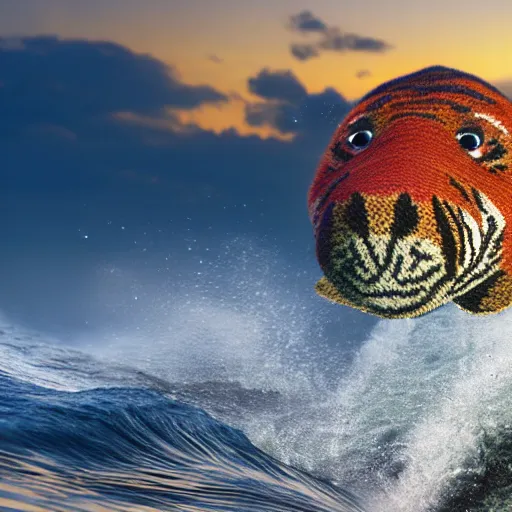 Prompt: a closeup photorealistic photograph of a smiling cute knitted tiger hippopotamus riding a large wave during sunset. surf in the background. professional capture. brightly lit scene. this 4 k hd image is trending on artstation, featured on behance, well - rendered, extra crisp, features intricate detail, epic composition and the style of unreal engine.