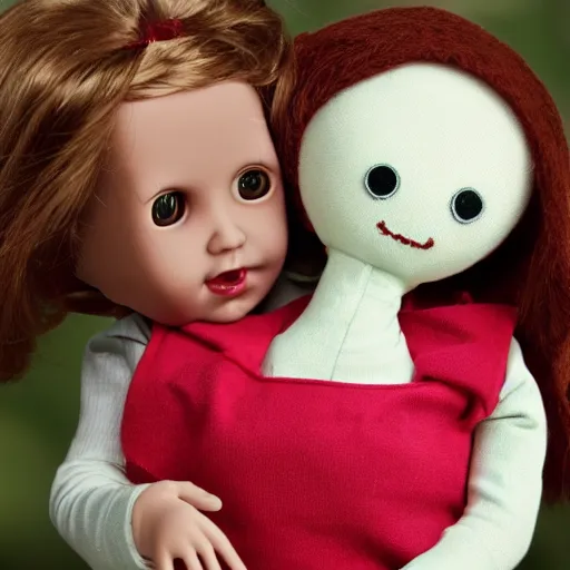 Prompt: a worm and a doll hugging each other