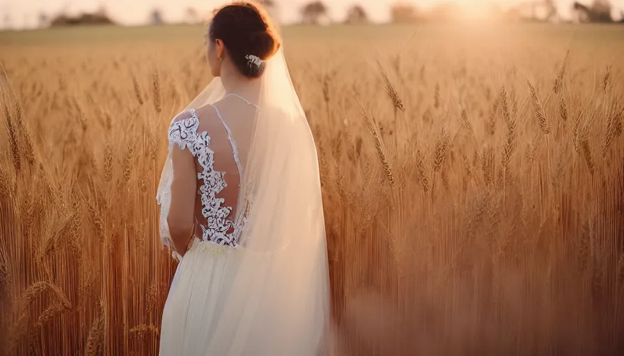 Prompt: analog photograph of beautiful woman from the back, wearing a long flowing trumpet style lace wedding dress and veil in a wheat field on a small dirt pathway, golden hour, by mark owen. pastel colours. light rays. bokeh. cinematic. hq. detailed. contrast. cinestill 8 0 0 t