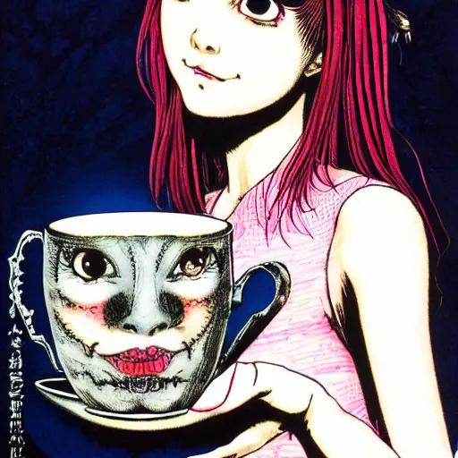 Prompt: rina holding a teacup by junji ito and ayami kojima