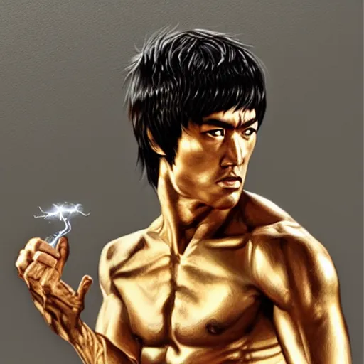 Image similar to bruce lee as the greek god of lightning, highly detailed, by artgerm and greg rutkowski