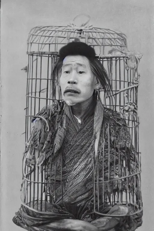 Prompt: ultra realistic vintage photo portrait of a tibetan man with a birdcage in the chest, by Annie Leibovitz,