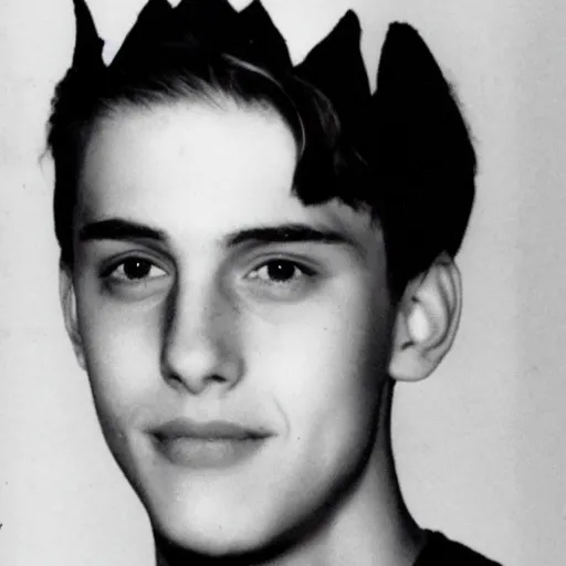 Image similar to a yearbook photo of Jughead Jones in 1966, he is wearing a paper crown