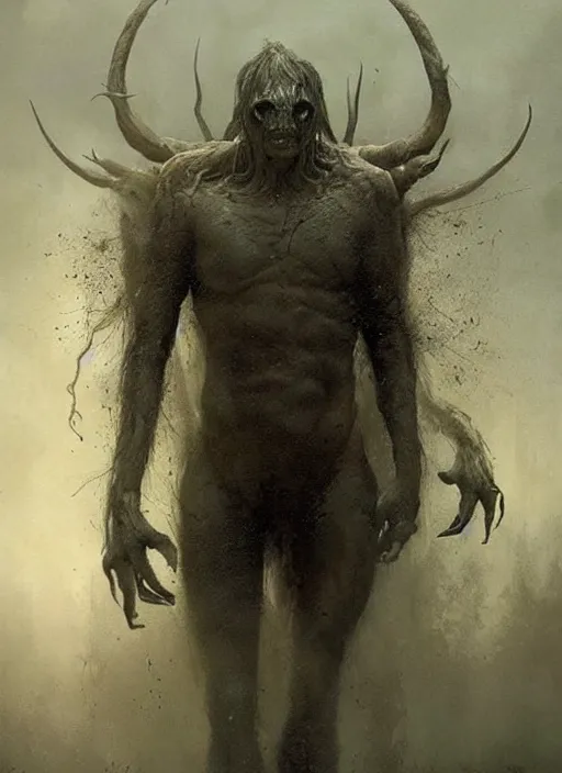 Prompt: a creepy atmospheric painting of a slender humanoid minotaur creature emerging from the mist. painting by greg rutkowski and hr giger.