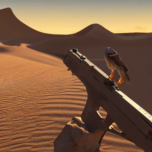 Image similar to a picture of a desert eagle with a backdrop of a desert and an eagle on the top of a sand dune, 8k, ultra realistic, unreal engine 6