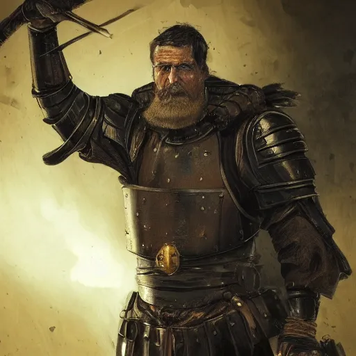 Image similar to Closeup of frustrated male medieval sergeant with a {short} beard wearing a black!!!! and yellow tabard over a steel breastplate and a black gambeson looking up from a map on a table, intricate, dramatic lighting illustration by Greg Rutkowski, ArtStation, digital art, fantasy