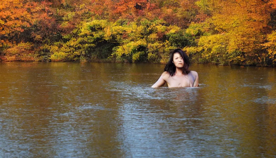 Image similar to a beautiful woman turning into a peaceful river, it's autumn and a gentle breeze is moving leaves around