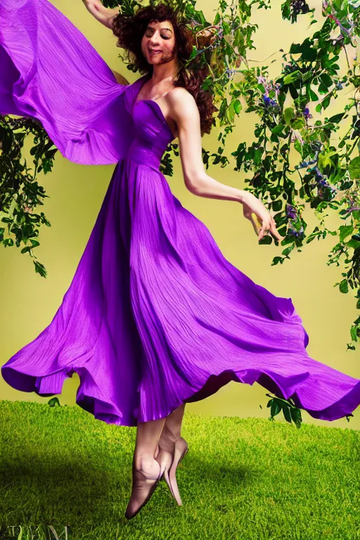 Image similar to woman dancing in a violet summer dress, fashion magazine, plants in the background, elegant, dynamic movement, photorealistic camera shot, studio lighting, crisp quality and light reflections