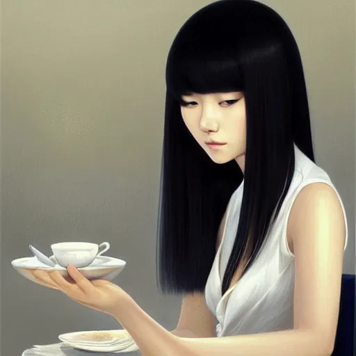 Prompt: a beautiful Korean girl with long dark hair and bangs, wearing a white dress, sitting alone in a cafe, fantasy, intricate, elegant, highly detailed, digital painting, artstation, concept art, matte, sharp focus, illustration, art by Artgerm and Greg Rutkowski and Ilya Kuvshinov