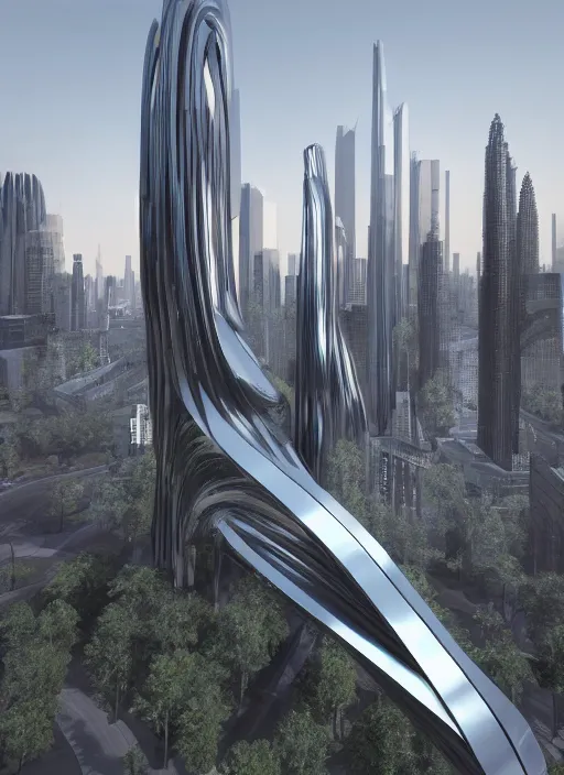 Image similar to highly detailed architecture render of a huge high futuristic metallic stele sculpture in the style of zaha hadid standing in city park, archdaily, made in unreal engine 4