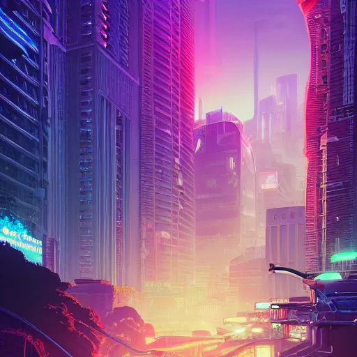 Image similar to a cityscape, synthwave aesthetics, detailed illustration, octane render, god rays, intricate, epic lighting, cinematic composition, hyper realistic, 8 k resolution, unreal engine 5, by artgerm, tooth wu, dan mumford, beeple, wlop, artstation