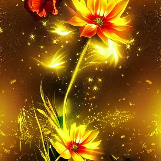 Prompt: una impresionante ilustración digital de Flores de oro y huesos, mystery and fire and shine and freedom