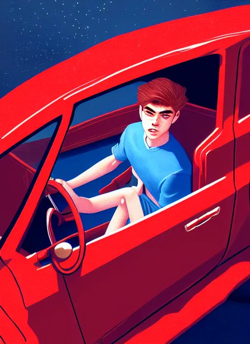 Image similar to teenage archie andrews, in a red ford model t, intricate, elegant, glowing lights, highly detailed, digital painting, artstation, sharp focus, illustration, art by wlop, mars ravelo and greg rutkowski