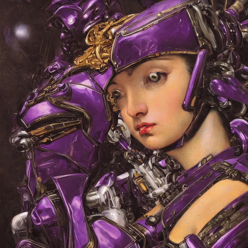 Prompt: a baroque neoclassicist renaissance close - up portrait of a purple and black obsidian whimsical 1 8 0 0 s mecha gundam girl with big, glowing eyes. reflective detailed textures. gloomy black background. highly detailed fantasy science fiction painting by moebius, norman rockwell, frank frazetta, and syd mead. rich colors, high contrast. artstation