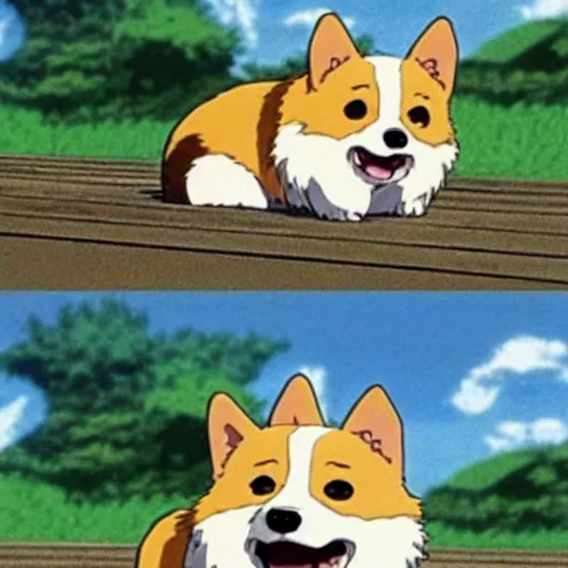 Image similar to the most adorable corgi, smiling, happy, cute, scene from an anime by studio ghibli, hayao miyazaki, spirited away