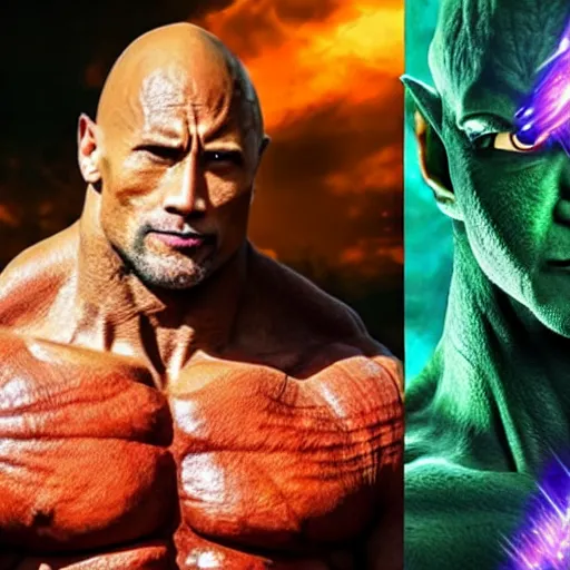 Image similar to photo of a live - action dragon ball z movie featuring dwayne johnson as piccolo