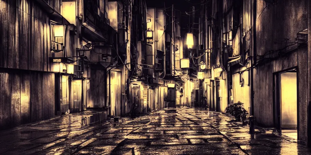 Prompt: quiet tokyo alley at night, raining, dim volumetric lighting, hdr, postprocessing, hyperdetailed, intricate, epic composition, cinematic lighting, masterpiece, street photography