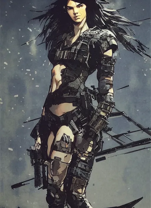 Image similar to kendall Jenner wearing metal gear armor holding gun dramatic lighting art by Richard Schmid by Hokusai by Yoji Shinkawa by greg rutkowski by Sandra Chevrier cinematic dramatic