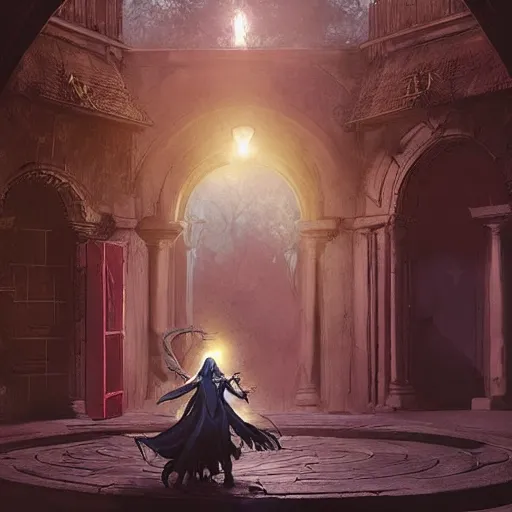 Prompt: A female tiefling sorcerer, stepping through a magical portal showing another dimension, into a palace courtyard, dramatic lighting, fantasy art by Greg Rutkowski