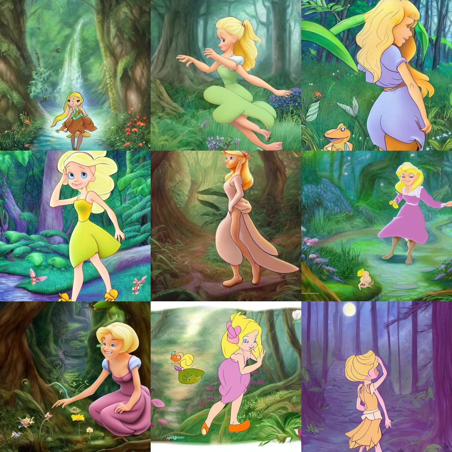 Prompt: illustration of a blonde girl! following a frog! in a forest, in the style of don bluth's thumbelina, disney, fantasy, trending on artstation, beautifully detailed, children's animated films, artistic, realistic, award winning, 4 k, bluray, screenshot, hand drawn, 2 d
