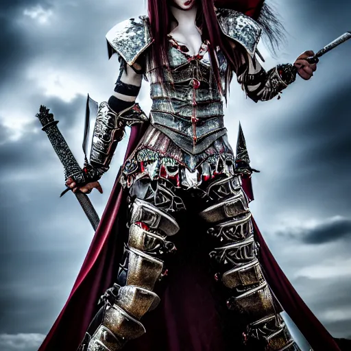 Image similar to full length photo of a very beautiful!! vampire warrior queen with ornate armour, highly detailed, 4 k, hdr, smooth, sharp focus, high resolution, award - winning photo