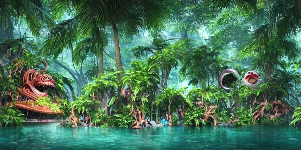 Image similar to of a tropical rainforest lake with strange cute friendly happy creatures with huge eyes, mouth, long tongue, round teeth and goofy face, appearing from the trees, in the style of gehry and gaudi, macro lens, shallow depth of field, ultra detailed, digital painting, trending artstation, concept art, illustration, cinematic lighting, photorealism, epic, octane render