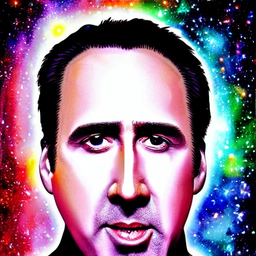 Image similar to nicholas cage very happy expression, cosmic starfield background digital art