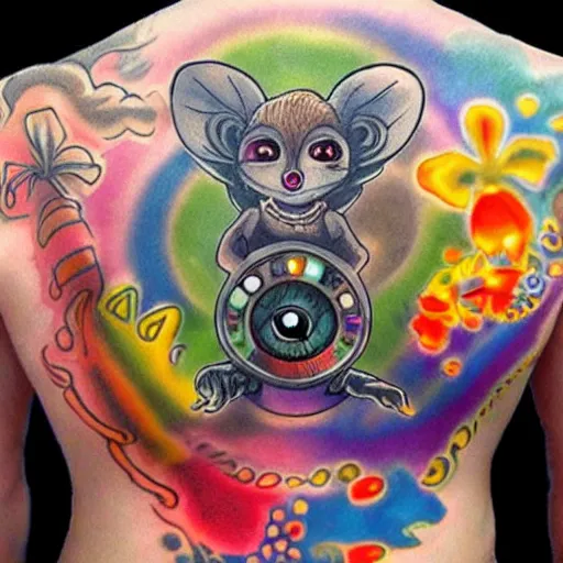 Image similar to shoulder back tattoo of a multicolored hallucinogenic cute bush baby dj with 2 recordplayers, eyes are colorful spirals, surrounded with colorful magic mushrooms and rainbowcolored marihuana leaves, insanely integrate