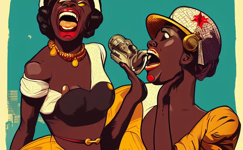 Image similar to mama africa laugh at her child!!! pop art, pixel, bioshock, gta chinatown, artgerm, richard hamilton, mimmo rottela, julian opie, aya takano, intricate, sharp focus, concept art, smooth